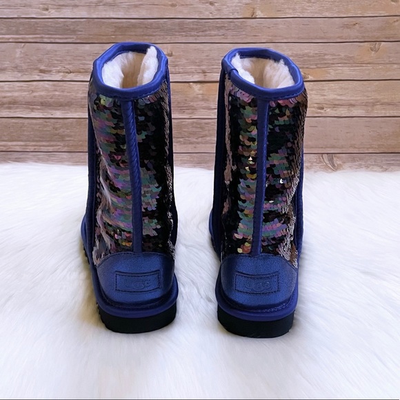 UGG Women’s Classic Short Sequin Blue Boots - Picture 3 of 9